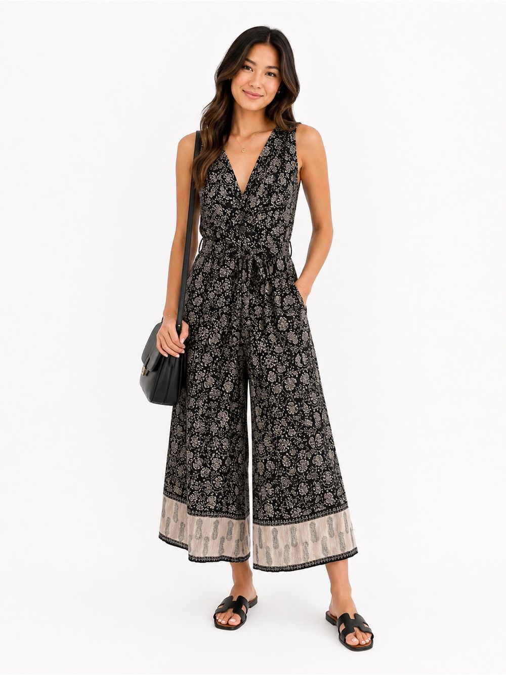 Amuse Society Floral Wide Leg Jumpsuit Small Black Cream Boho Sleeveless V-Neck